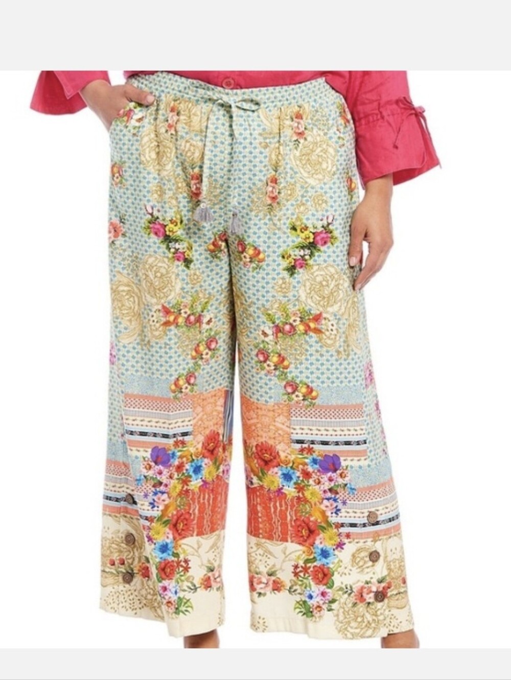 John Mark Floral Boho Tassel Wide Leg Pants Size Large Bohemian
